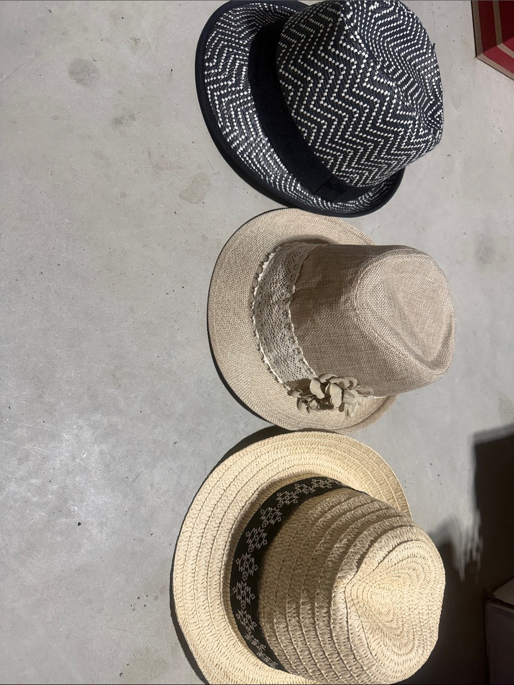 Set of Three Straw Summer Hats in Black, Beige, and Natural